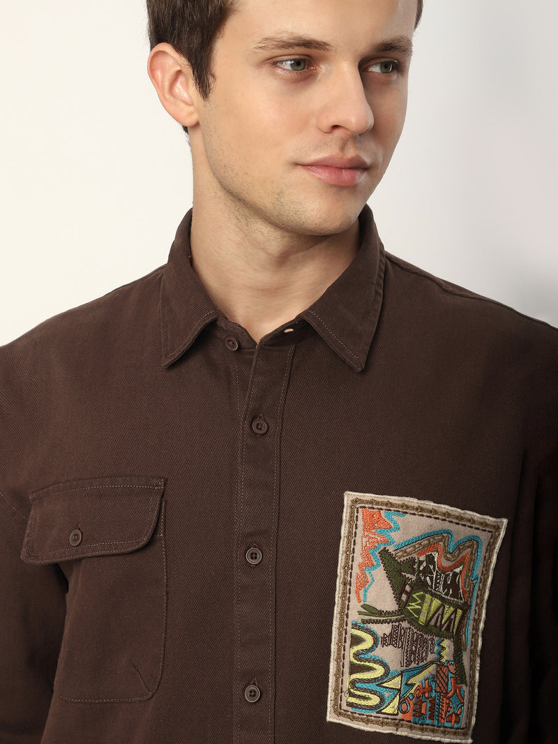 Embroidered Applique Patch Shirt - Brown