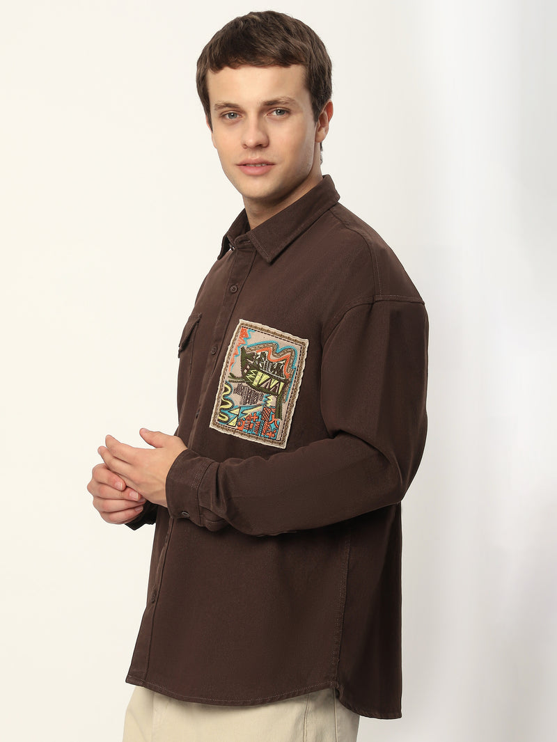 Embroidered Applique Patch Shirt - Brown