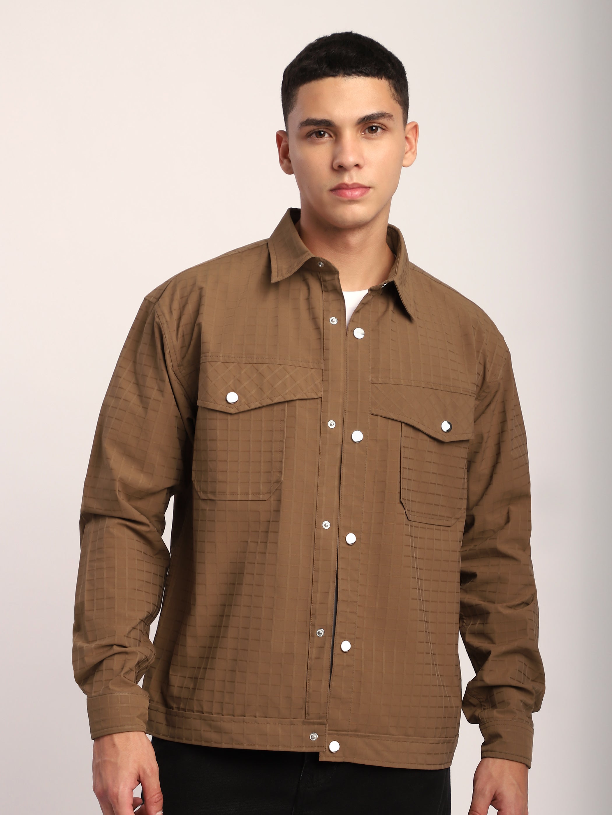 Block Textured Shacket - Camel Brown