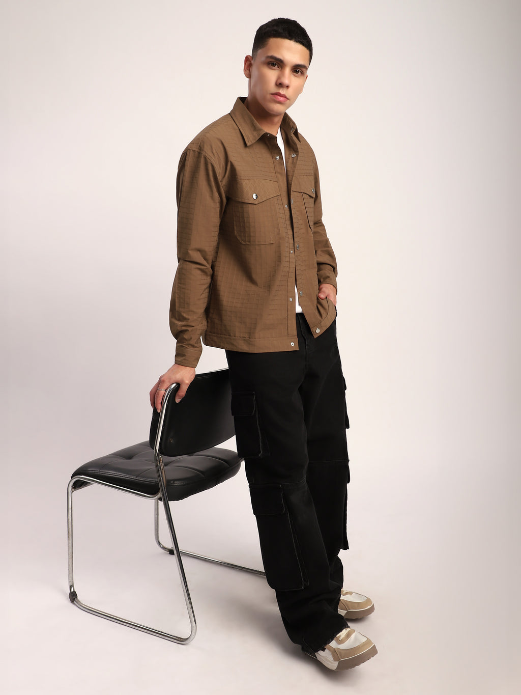Block Textured Shacket - Camel Brown