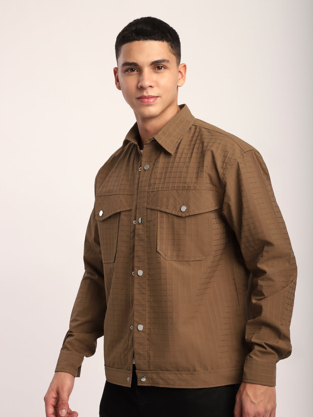 Block Textured Shacket - Camel Brown