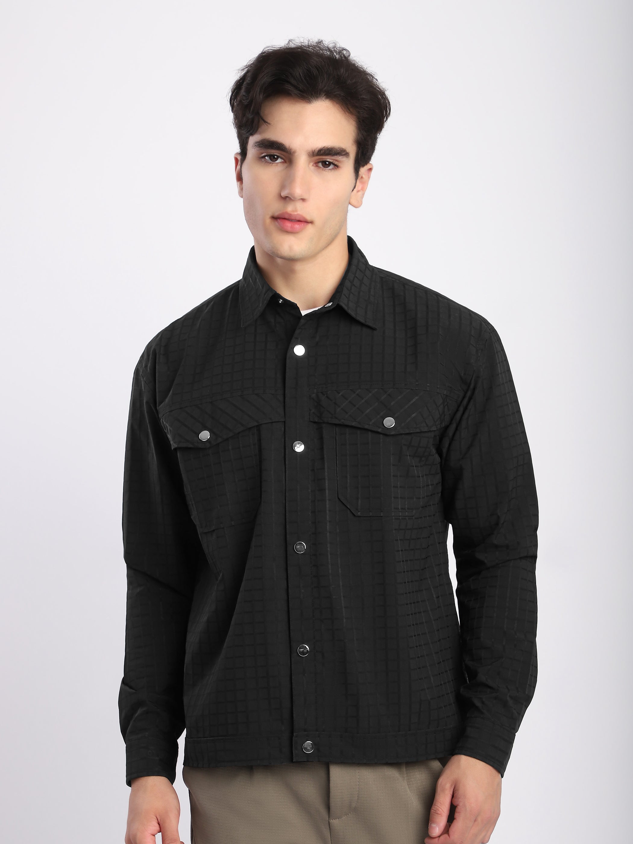 Block Textured Shacket - Black