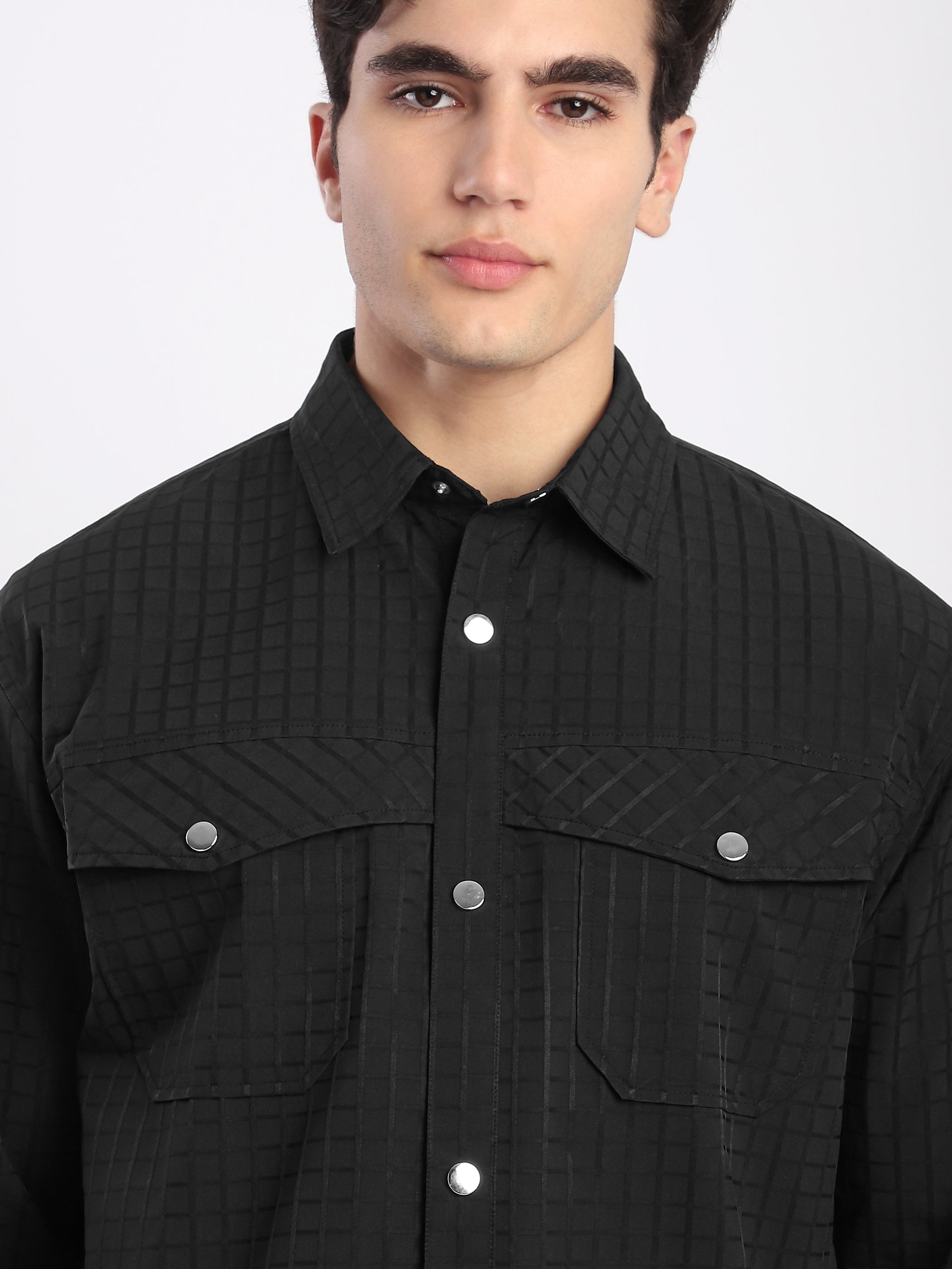 Block Textured Shacket - Black