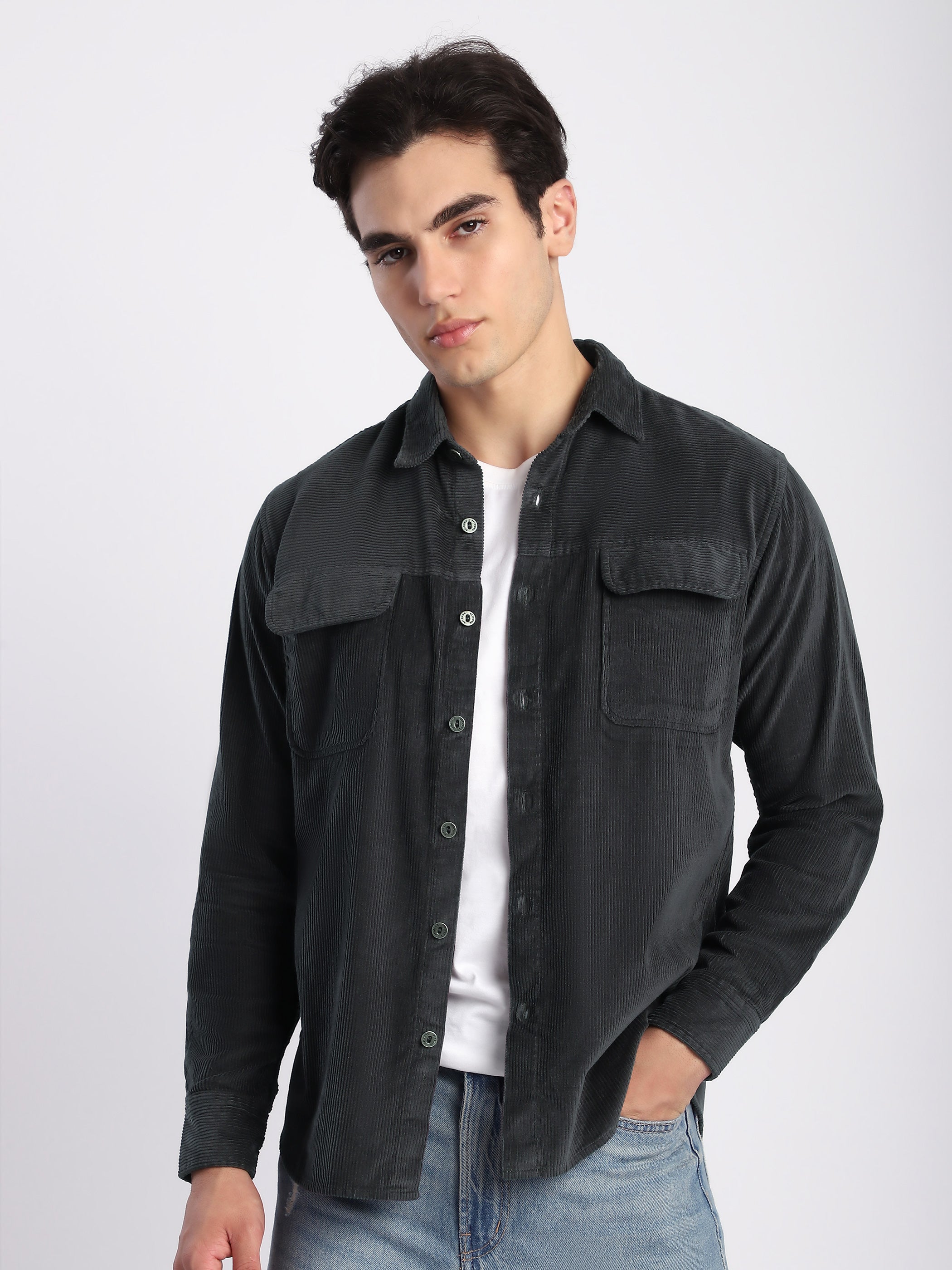 Dark Grey Flap Pocket Corduroy Shirt