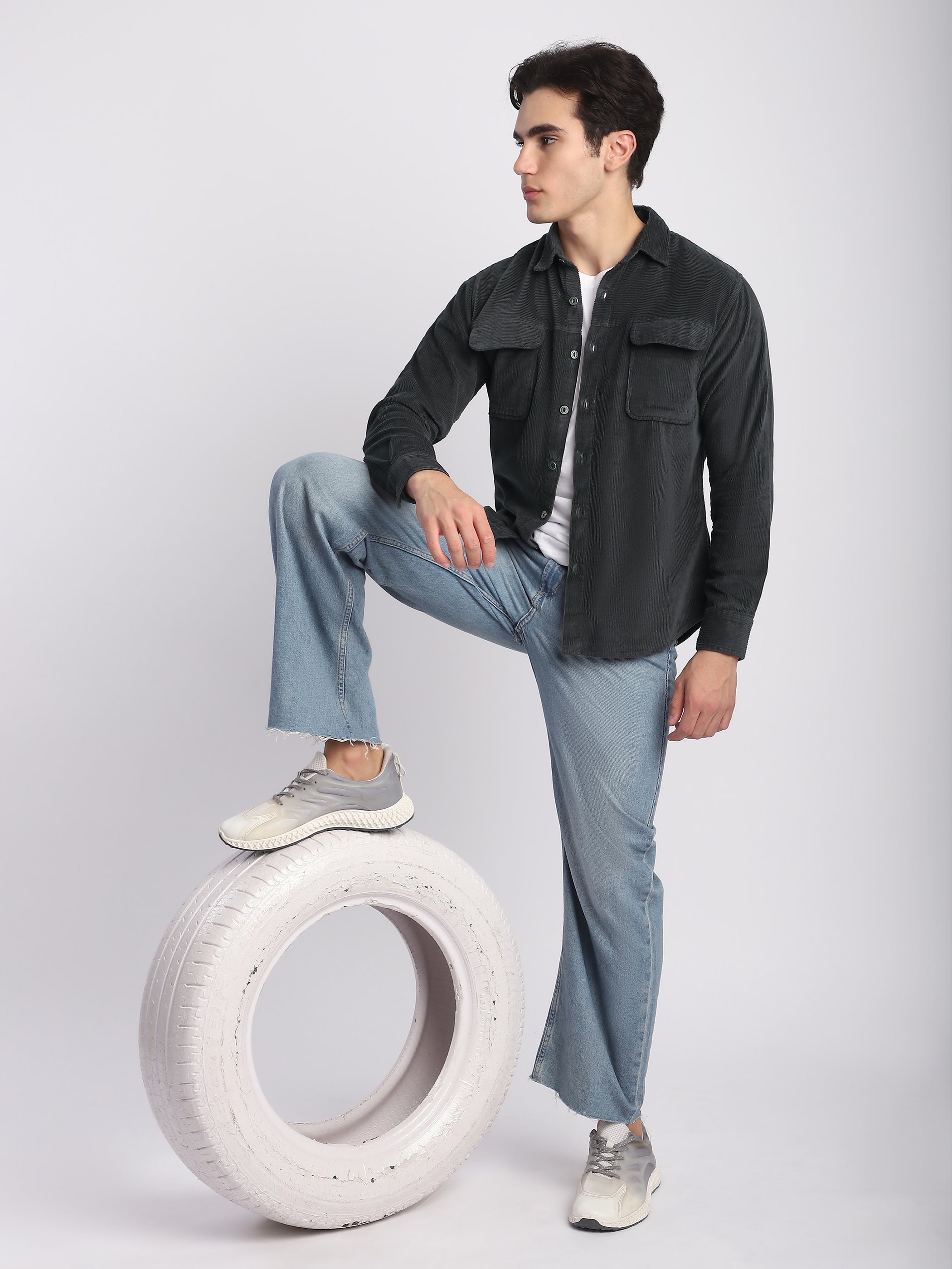 Dark Grey Flap Pocket Corduroy Shirt