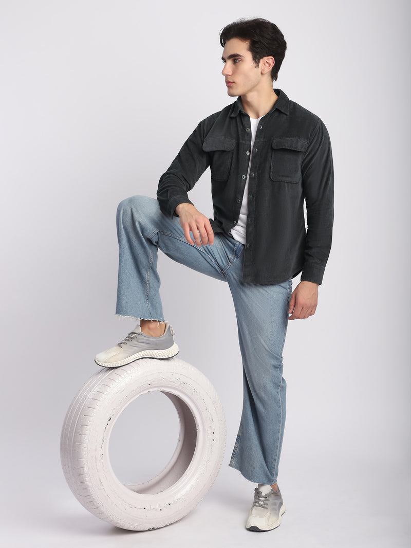 Dark Grey Flap Pocket Corduroy Shirt