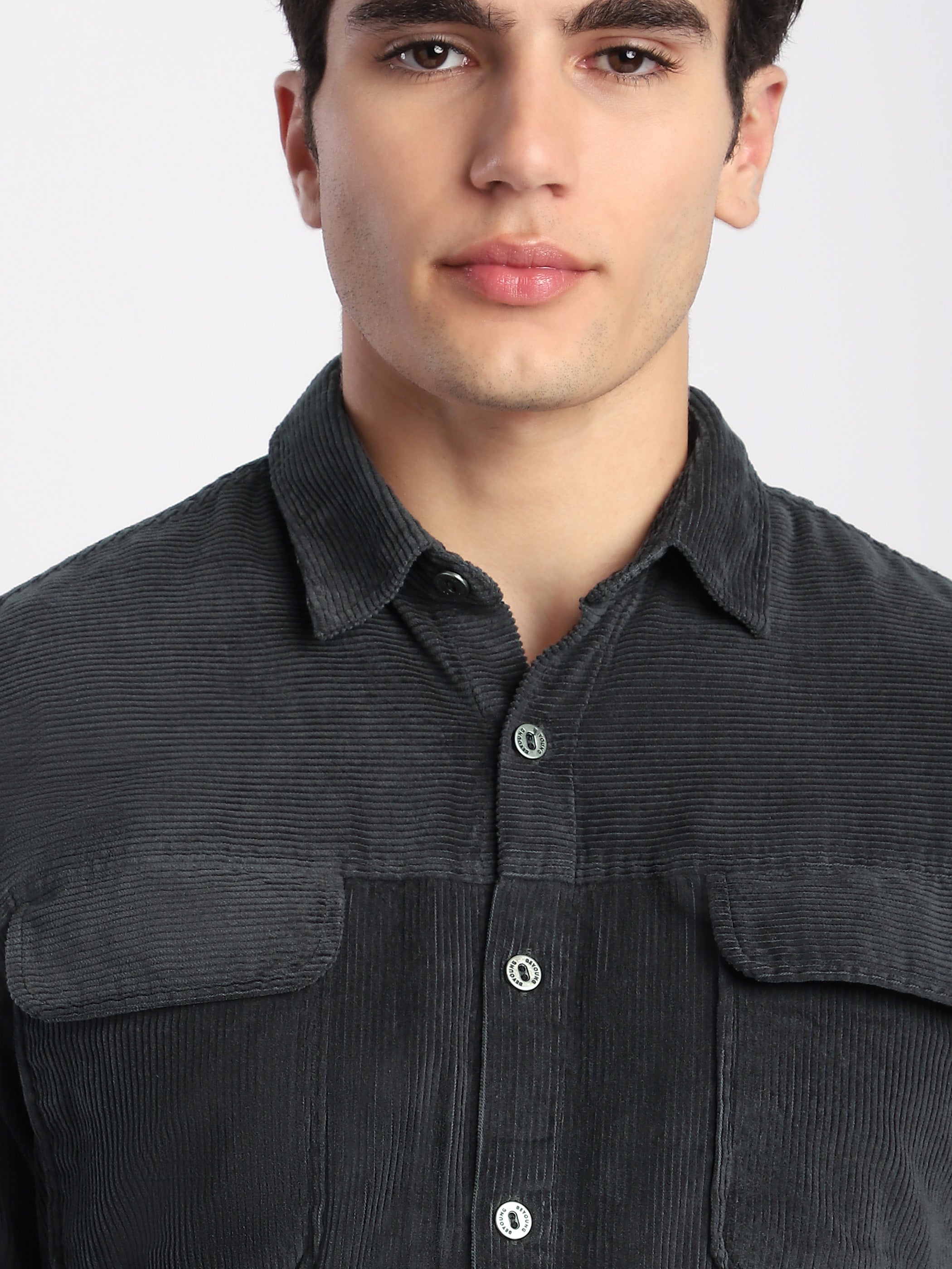 Dark Grey Flap Pocket Corduroy Shirt