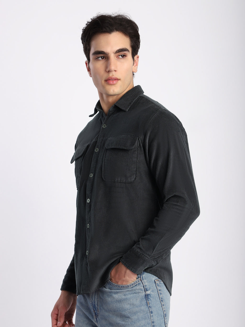 Dark Grey Flap Pocket Corduroy Shirt