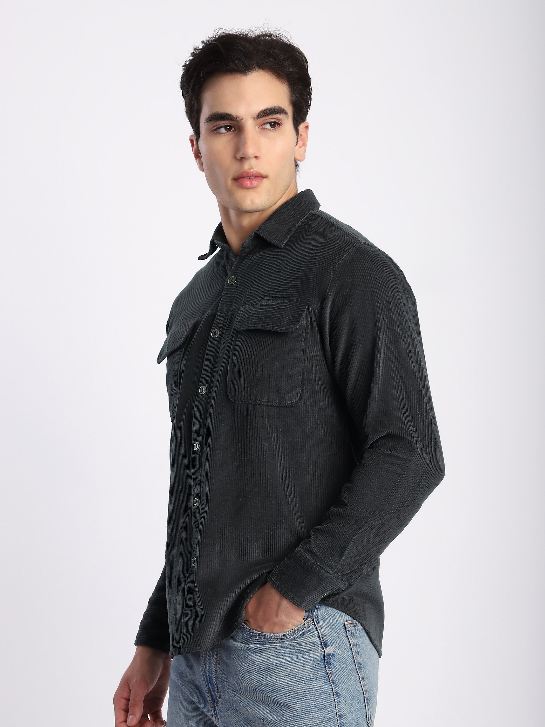 Dark Grey Flap Pocket Corduroy Shirt