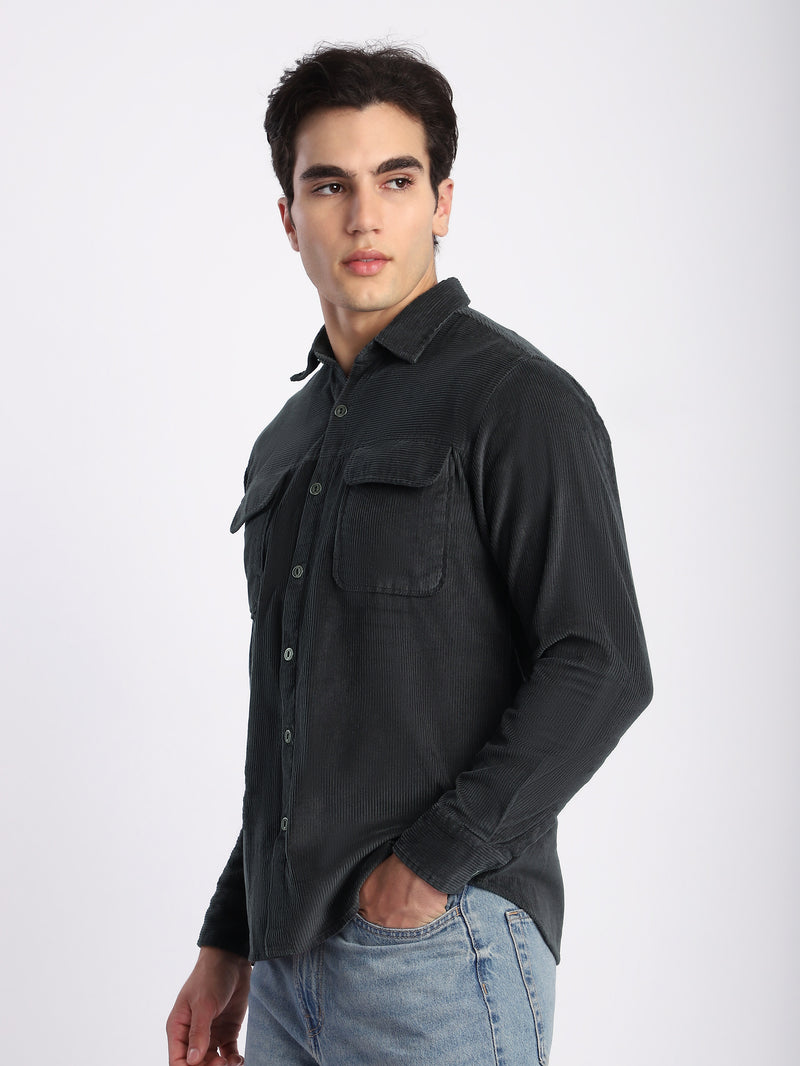 Dark Grey Flap Pocket Corduroy Shirt