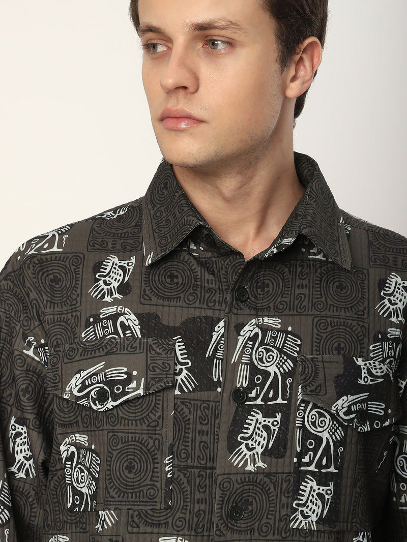 Tribal Print Shacket - Peanut Brown