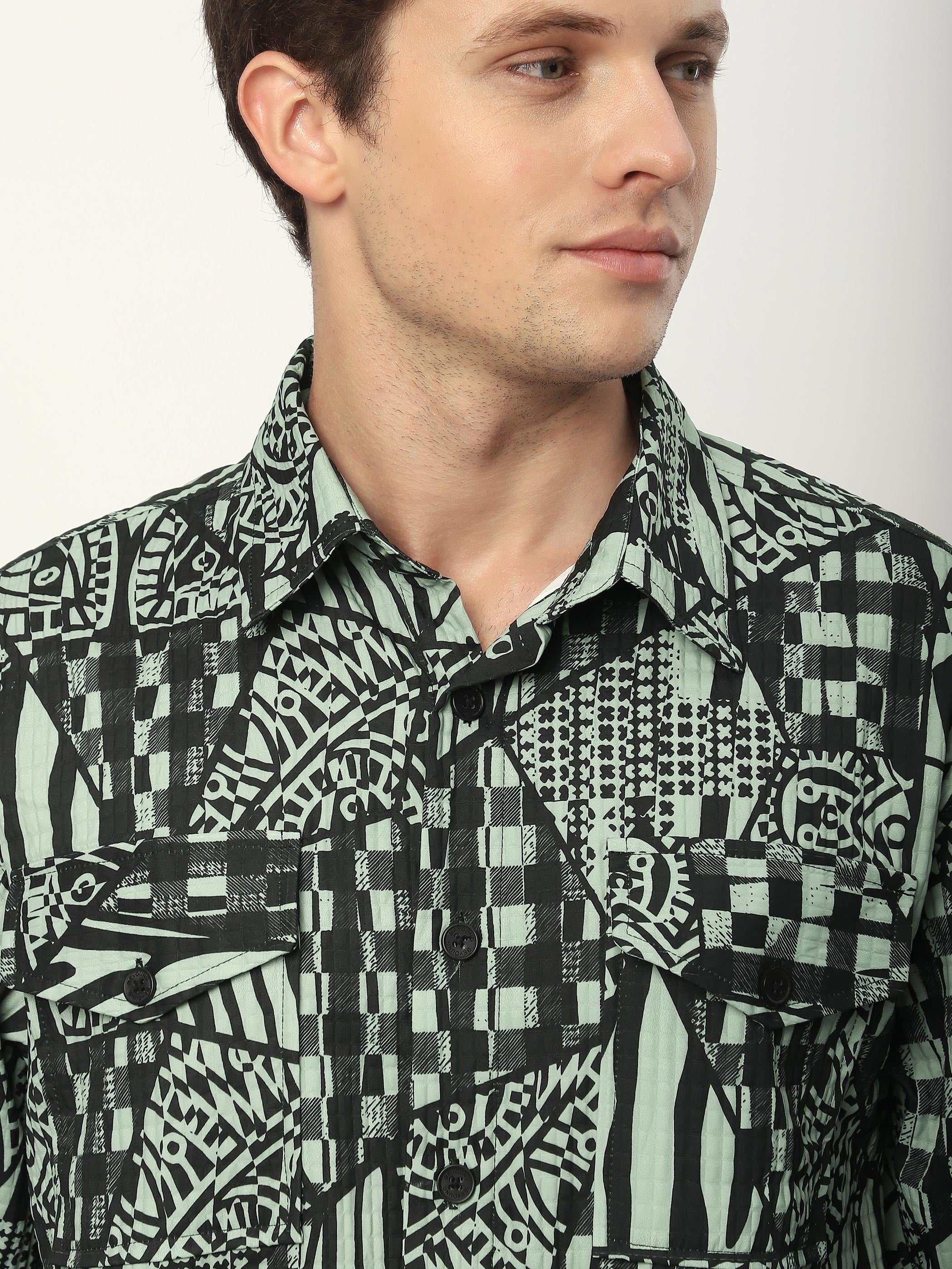 Abstract Print Shacket - Grey and Black