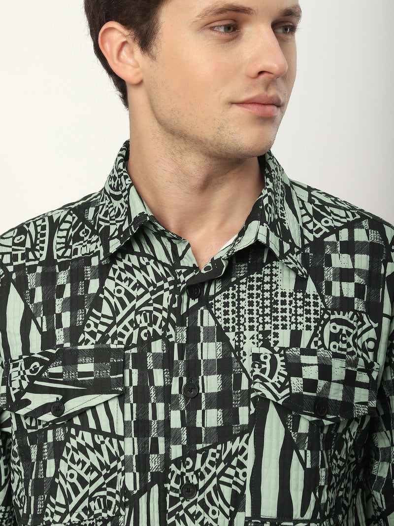Abstract Print Shacket - Grey and Black