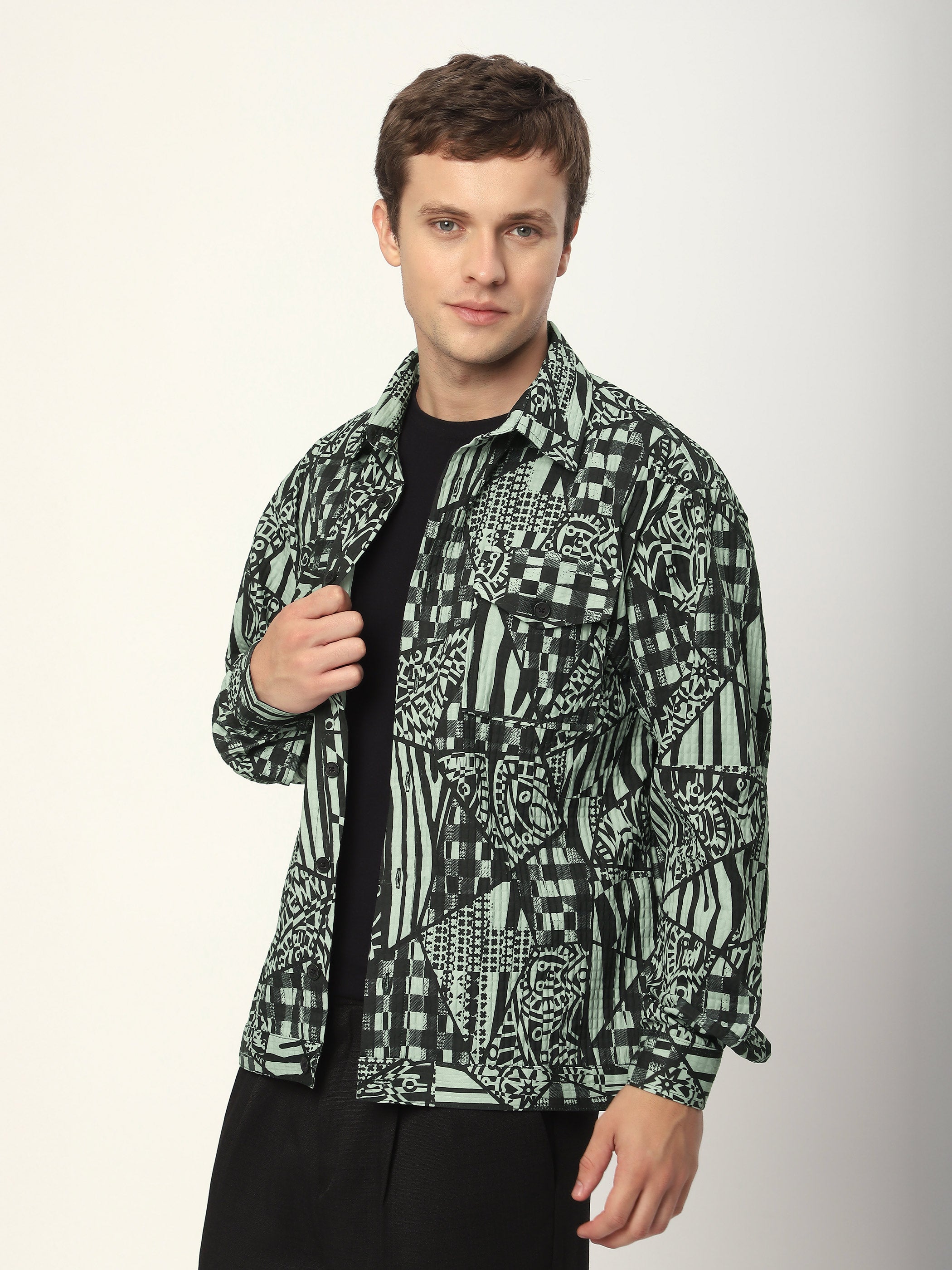 Abstract Print Shacket - Grey and Black
