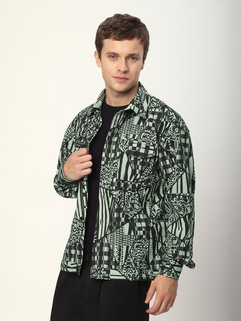 Abstract Print Shacket - Grey and Black