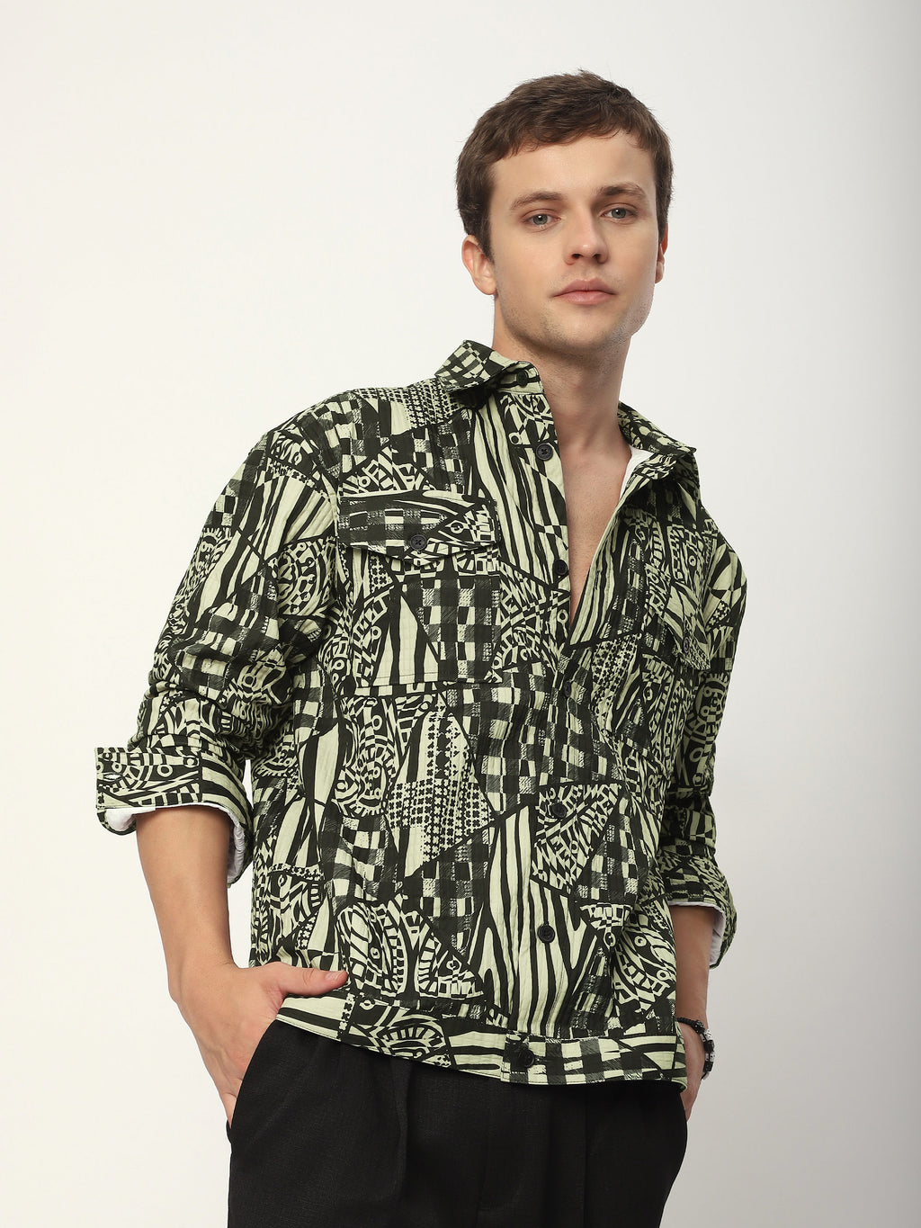 Abstract Print Shacket - Green and Black