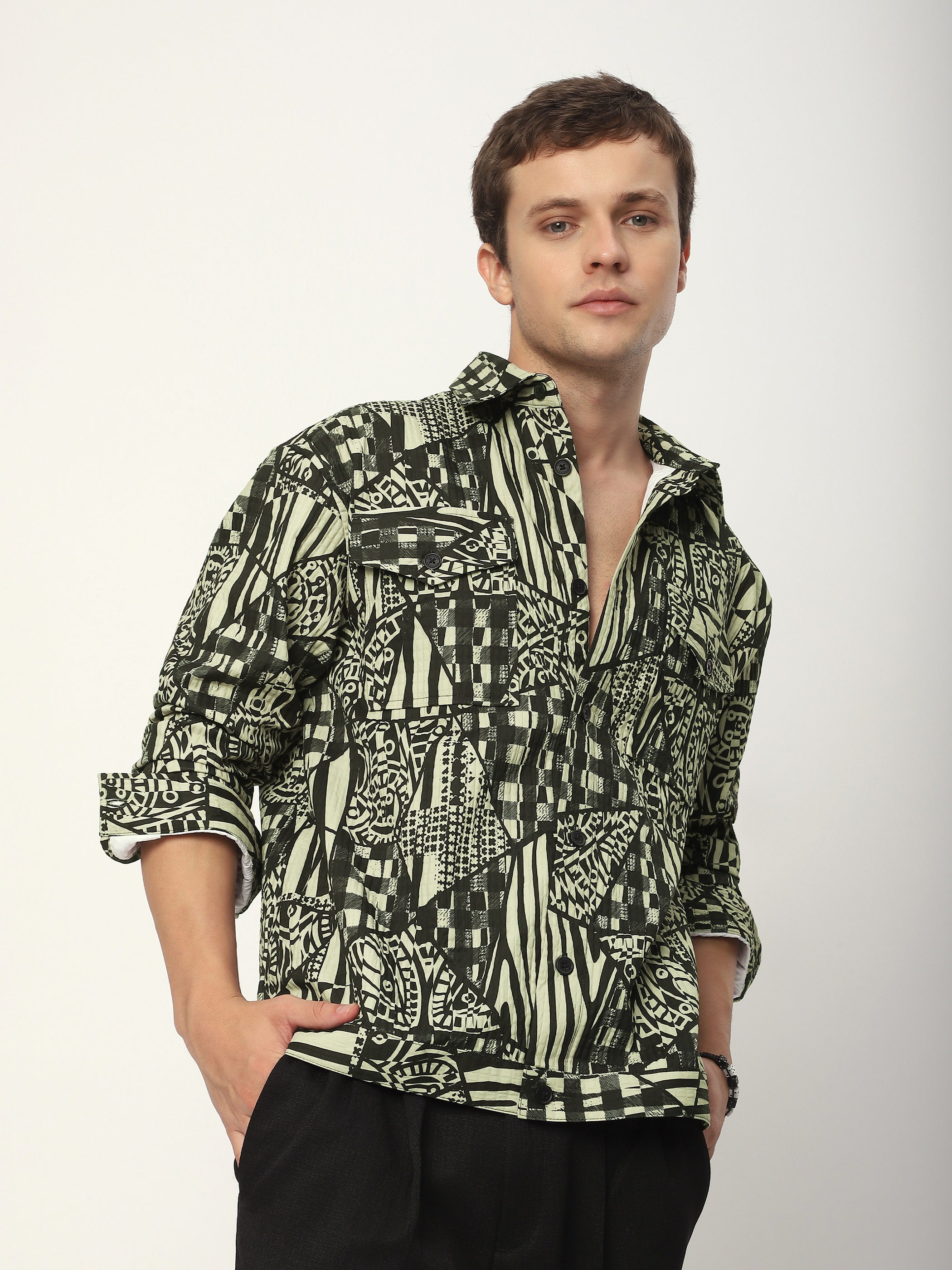 Abstract Print Shacket - Green and Black