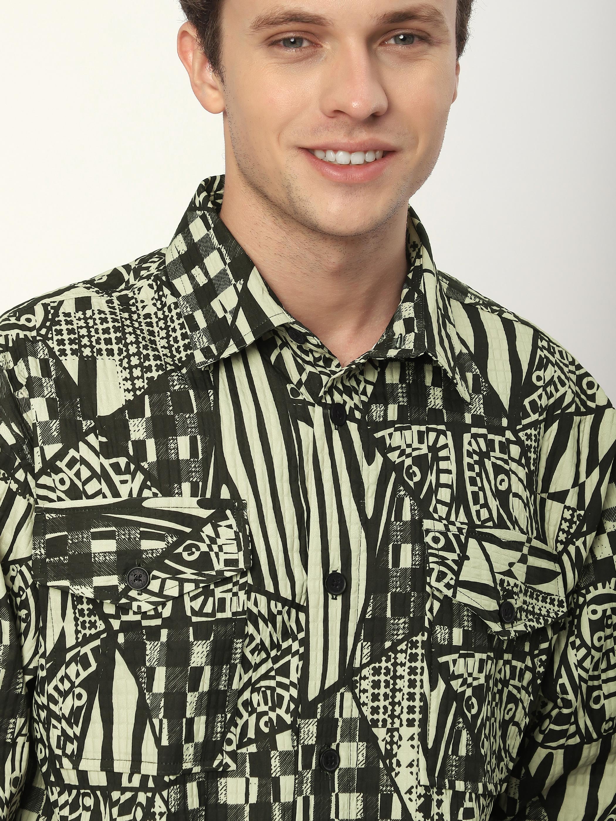 Abstract Print Shacket - Green and Black