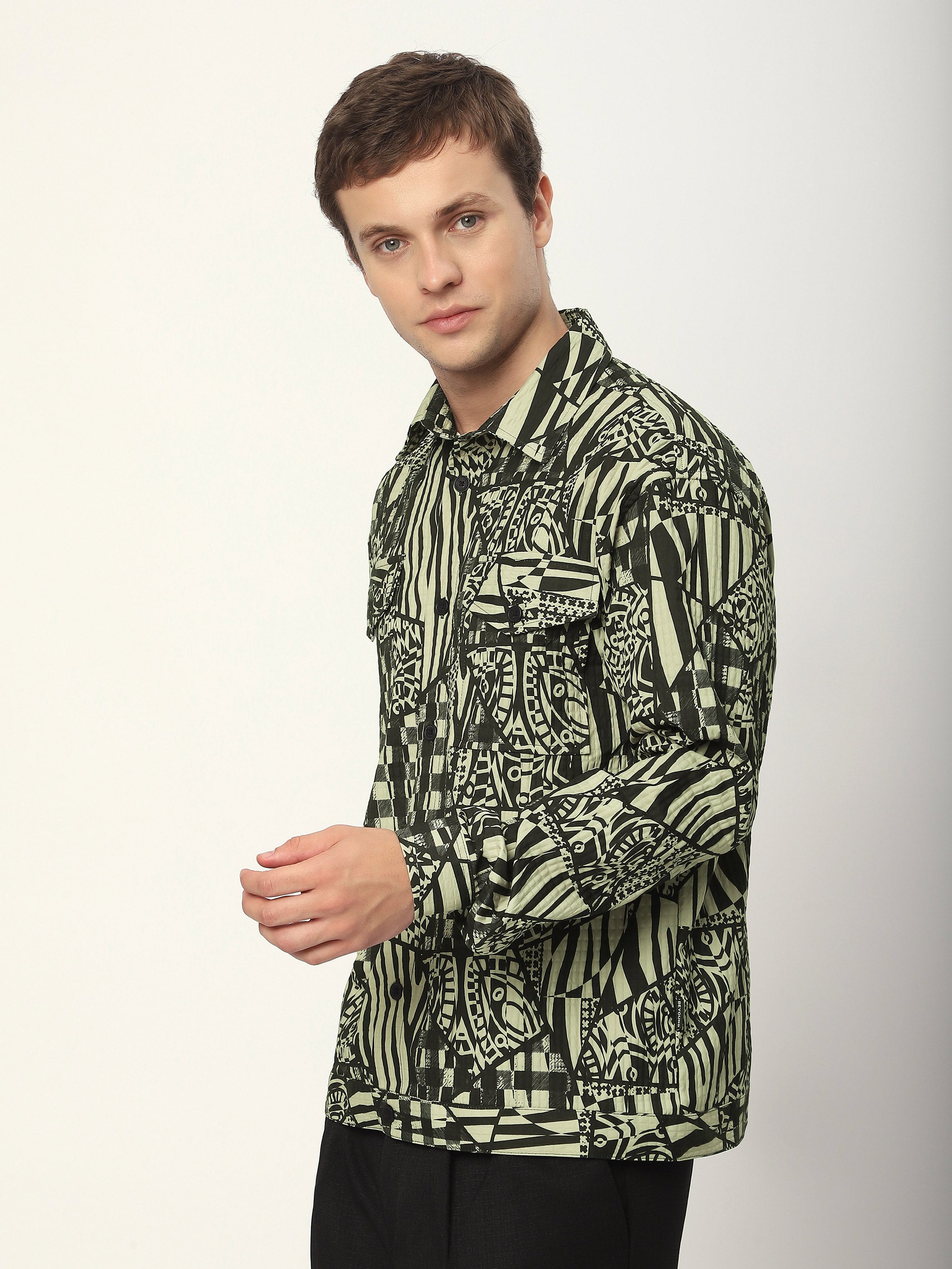 Abstract Print Shacket - Green and Black