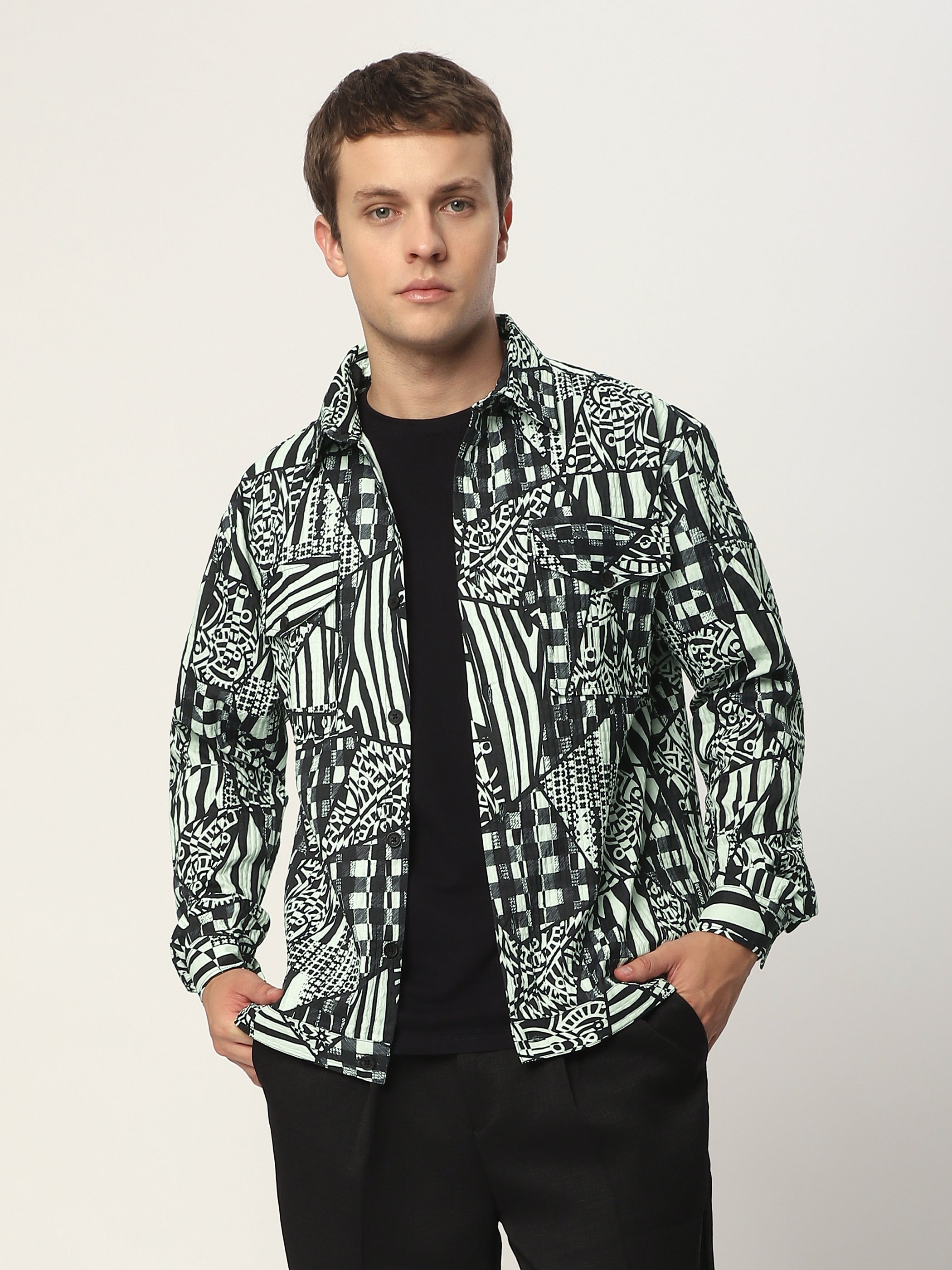 Abstract Print Shacket - White and Black