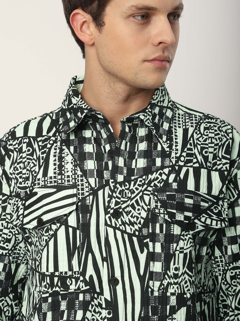 Abstract Print Shacket - White and Black