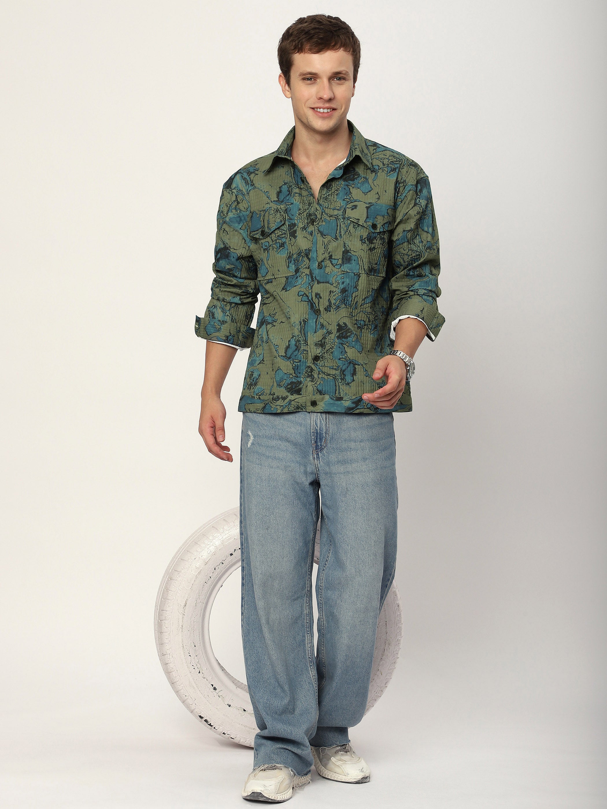 Abstract Print Shacket - Green