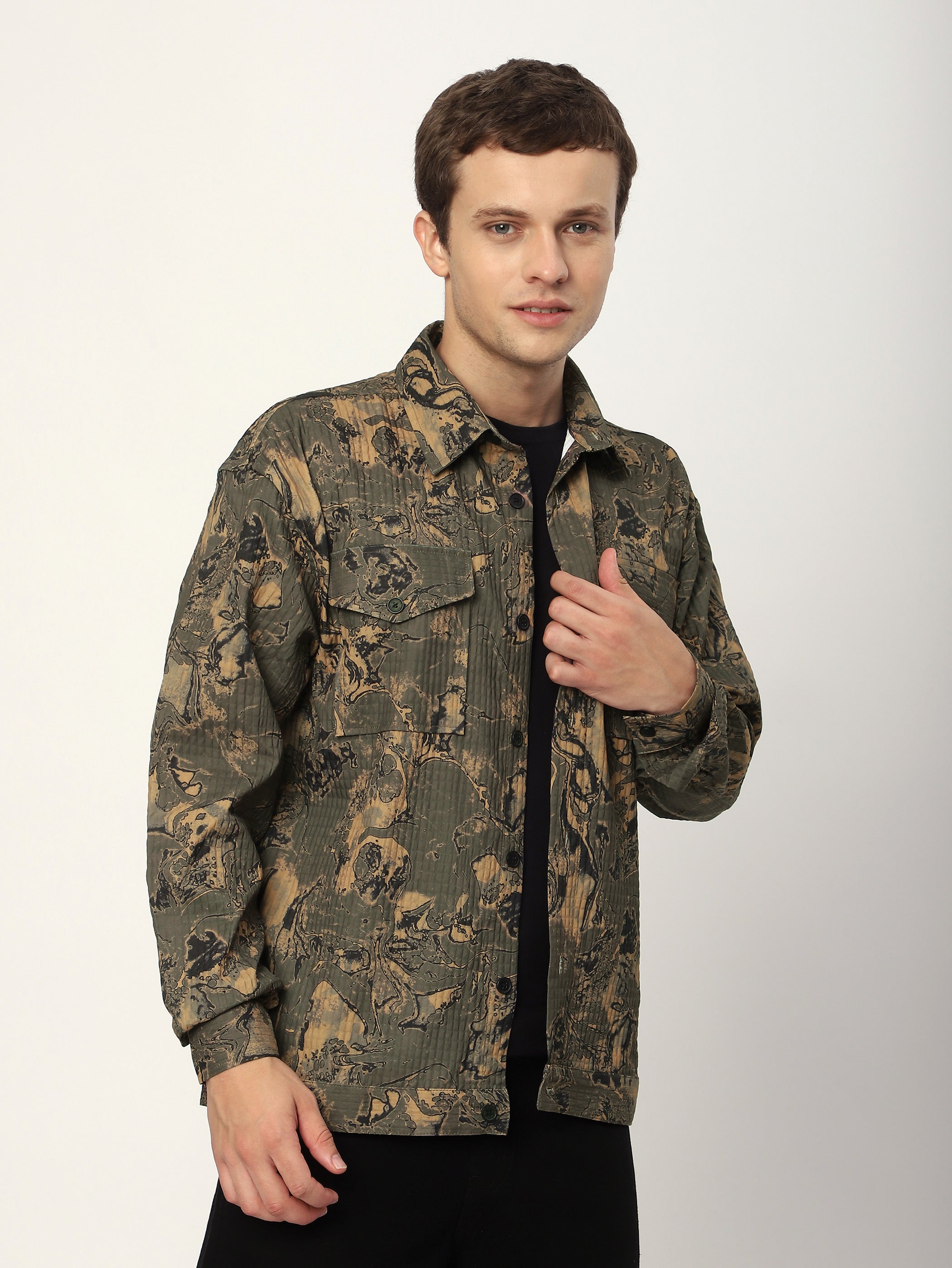 Abstract Print Shacket - Brown