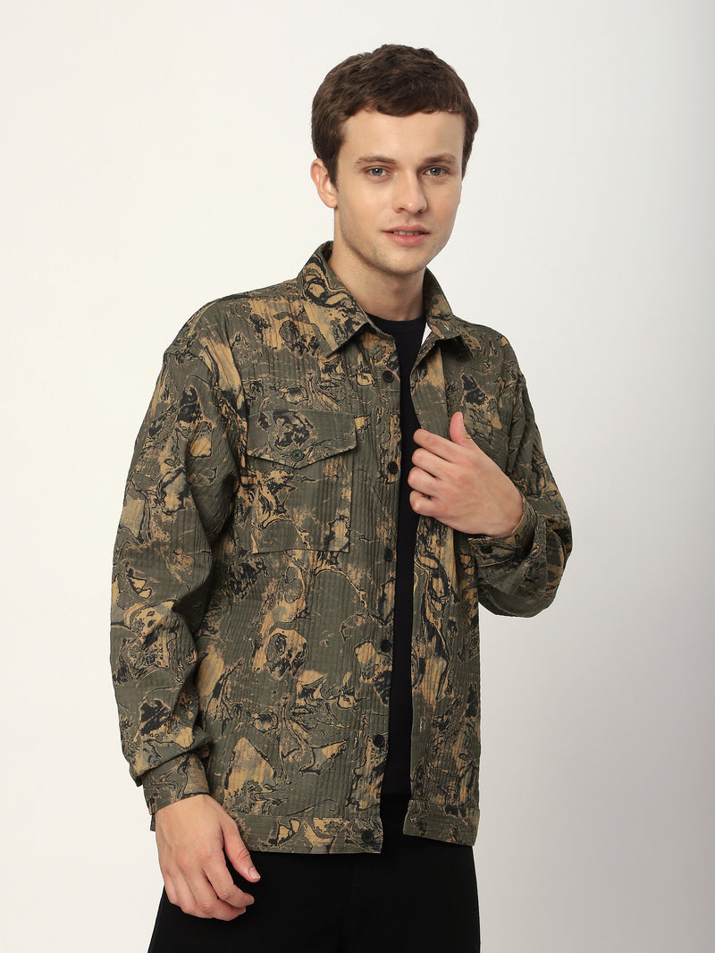 Abstract Print Shacket - Brown