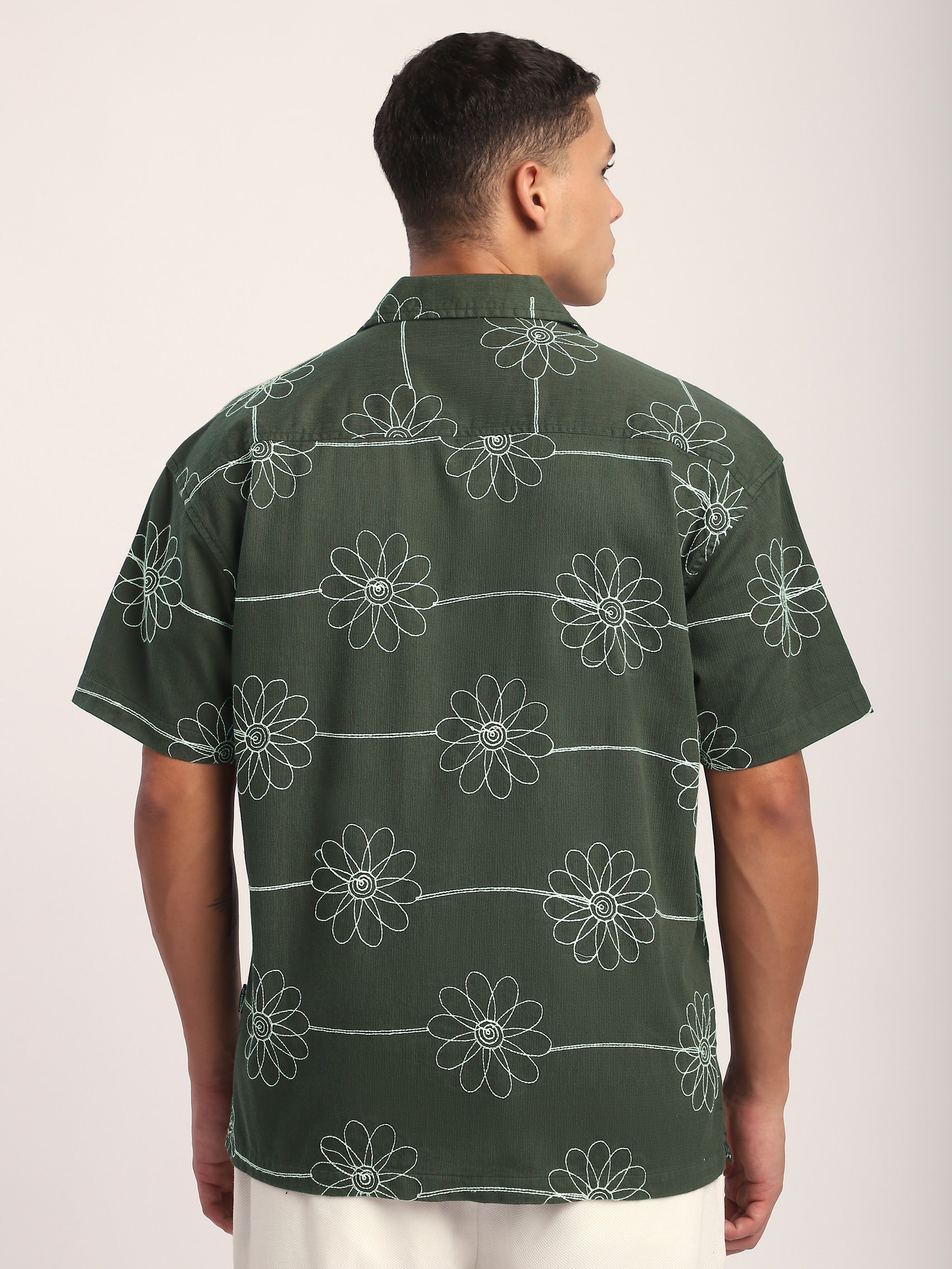 Flower Embroidered Cuban Shirt - Navy Blue