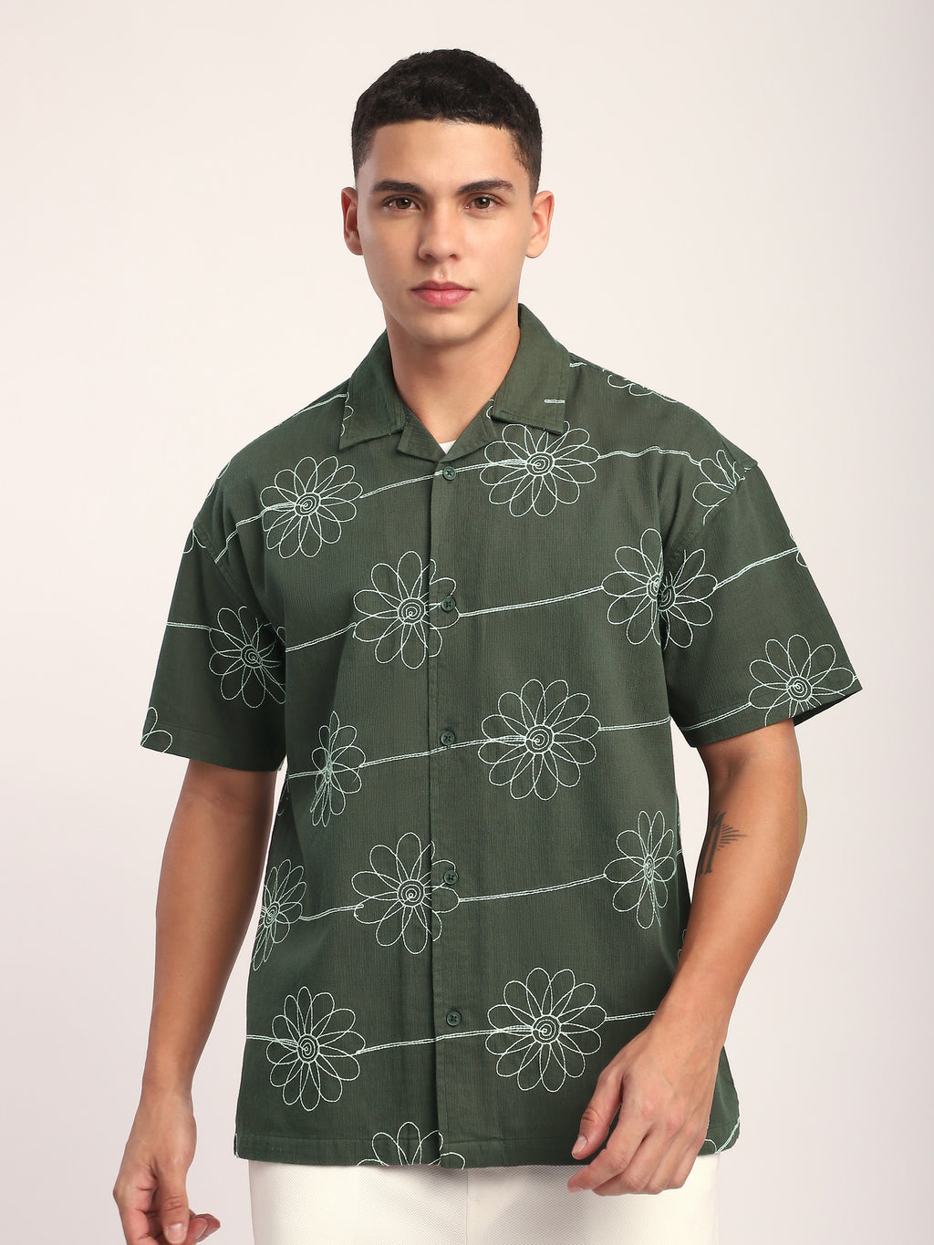 Flower Embroidered Cuban Shirt - Navy Blue