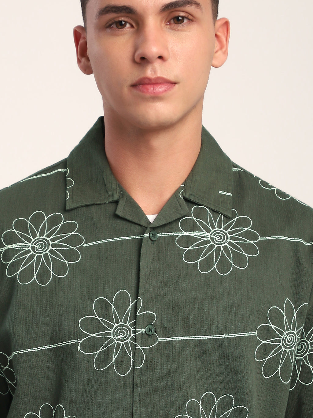 Flower Embroidered Cuban Shirt - Navy Blue