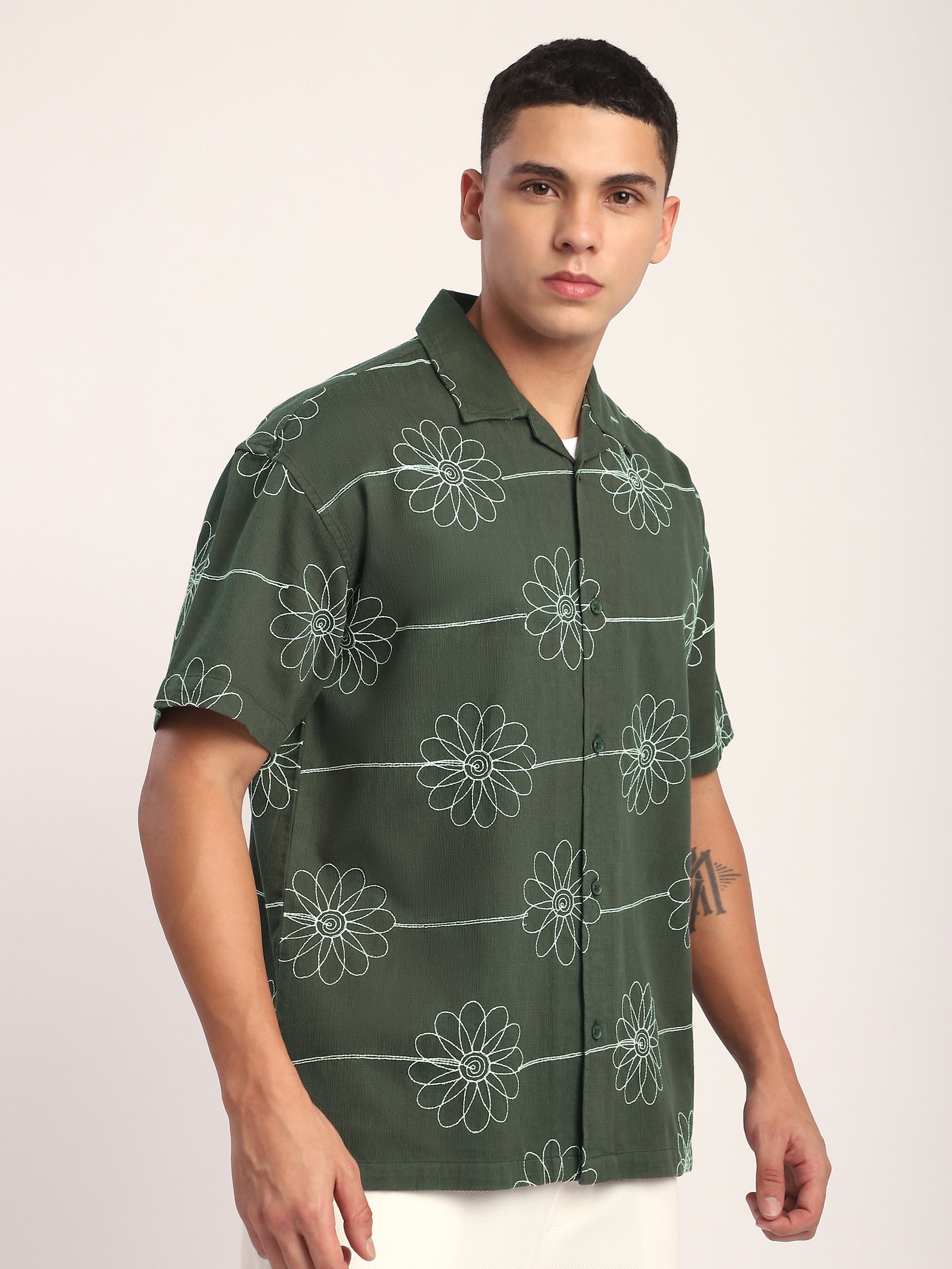 Flower Embroidered Cuban Shirt - Navy Blue