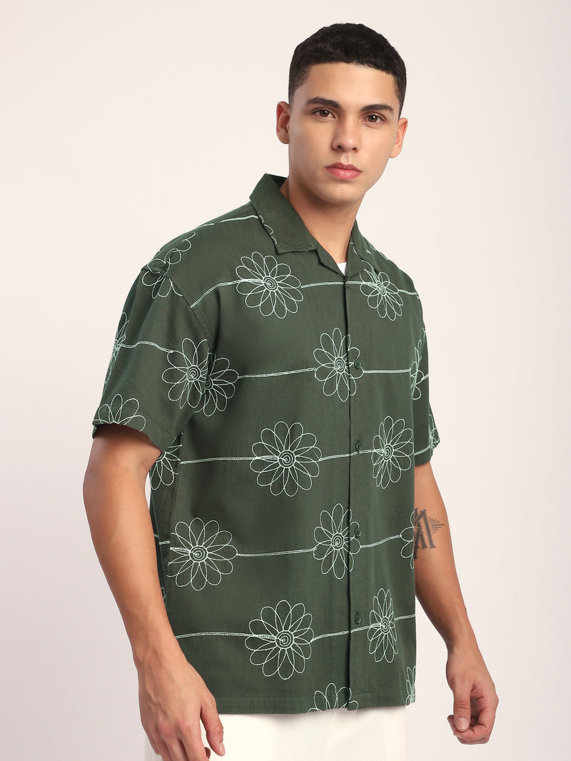 Flower Embroidered Cuban Shirt - Navy Blue
