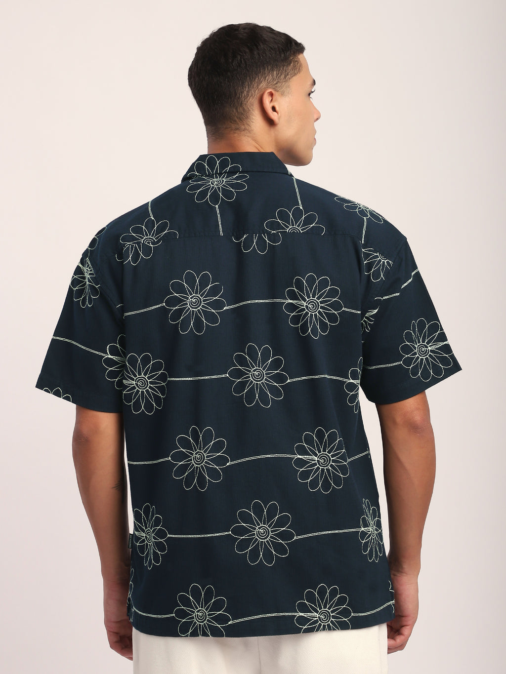 Flower Embroidered Cuban Shirt - Green