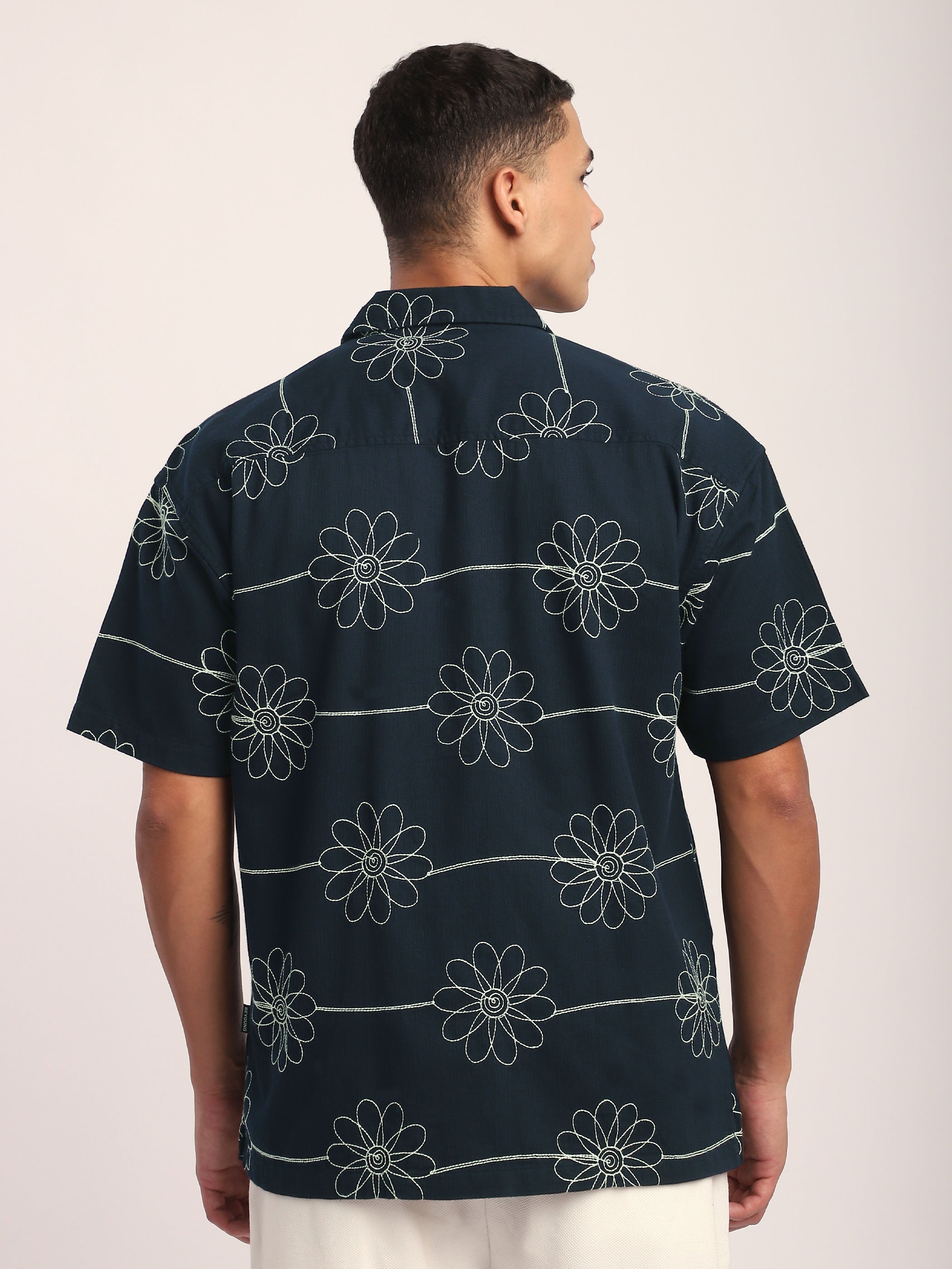 Flower Embroidered Cuban Shirt - Green