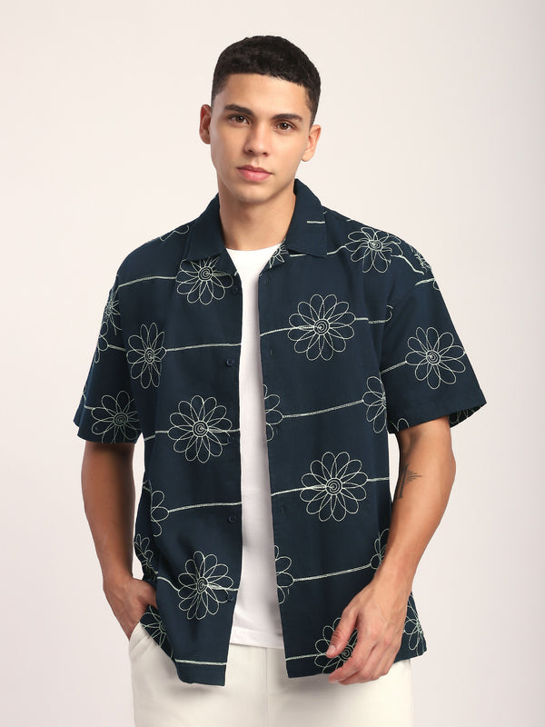 Flower Embroidered Cuban Shirt - Green