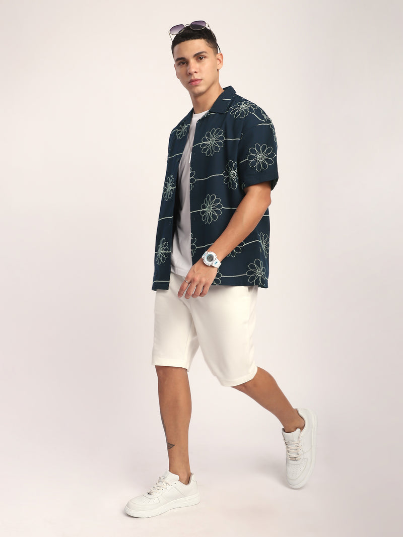 Flower Embroidered Cuban Shirt - Green