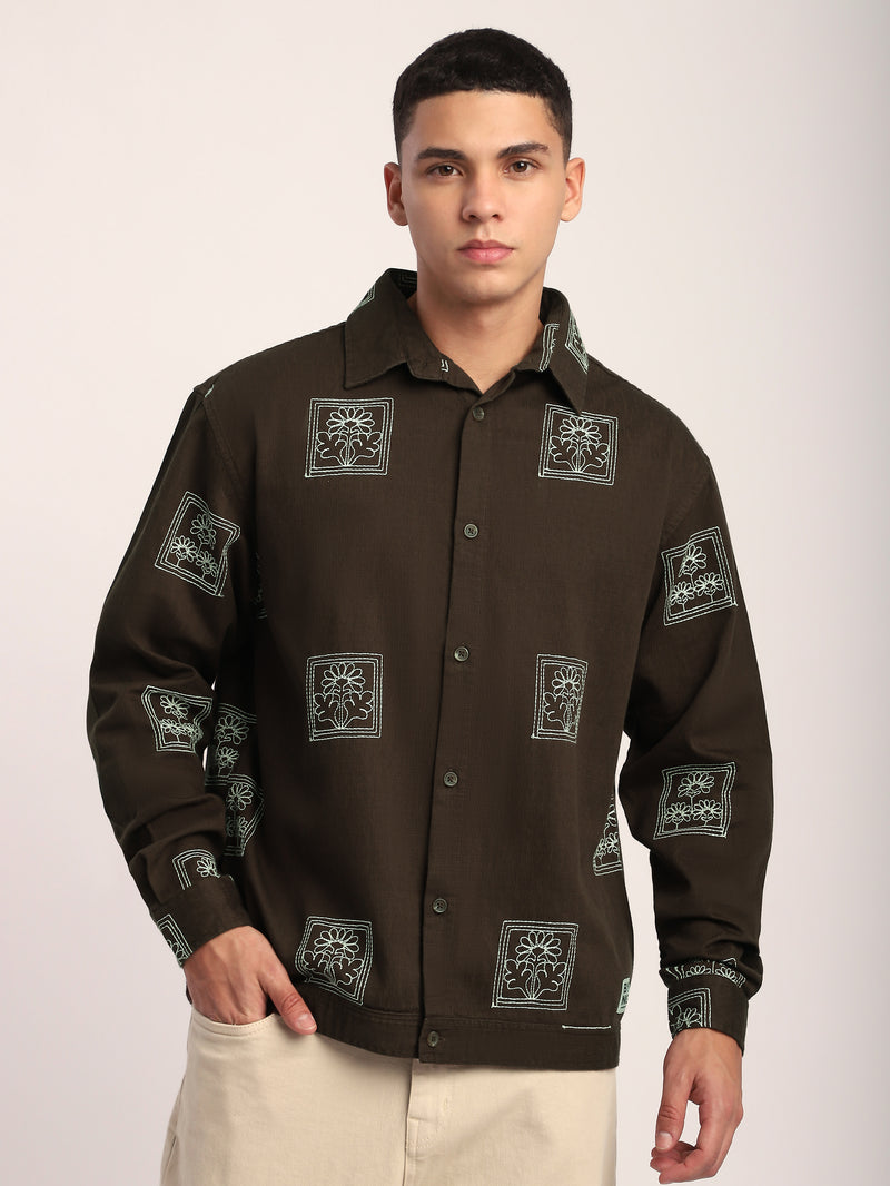 Dark Brown Geometric Floral Shacket