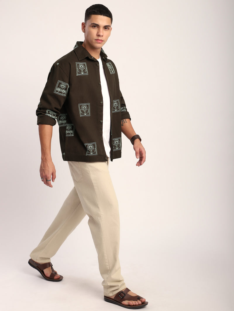 Dark Brown Geometric Floral Shacket