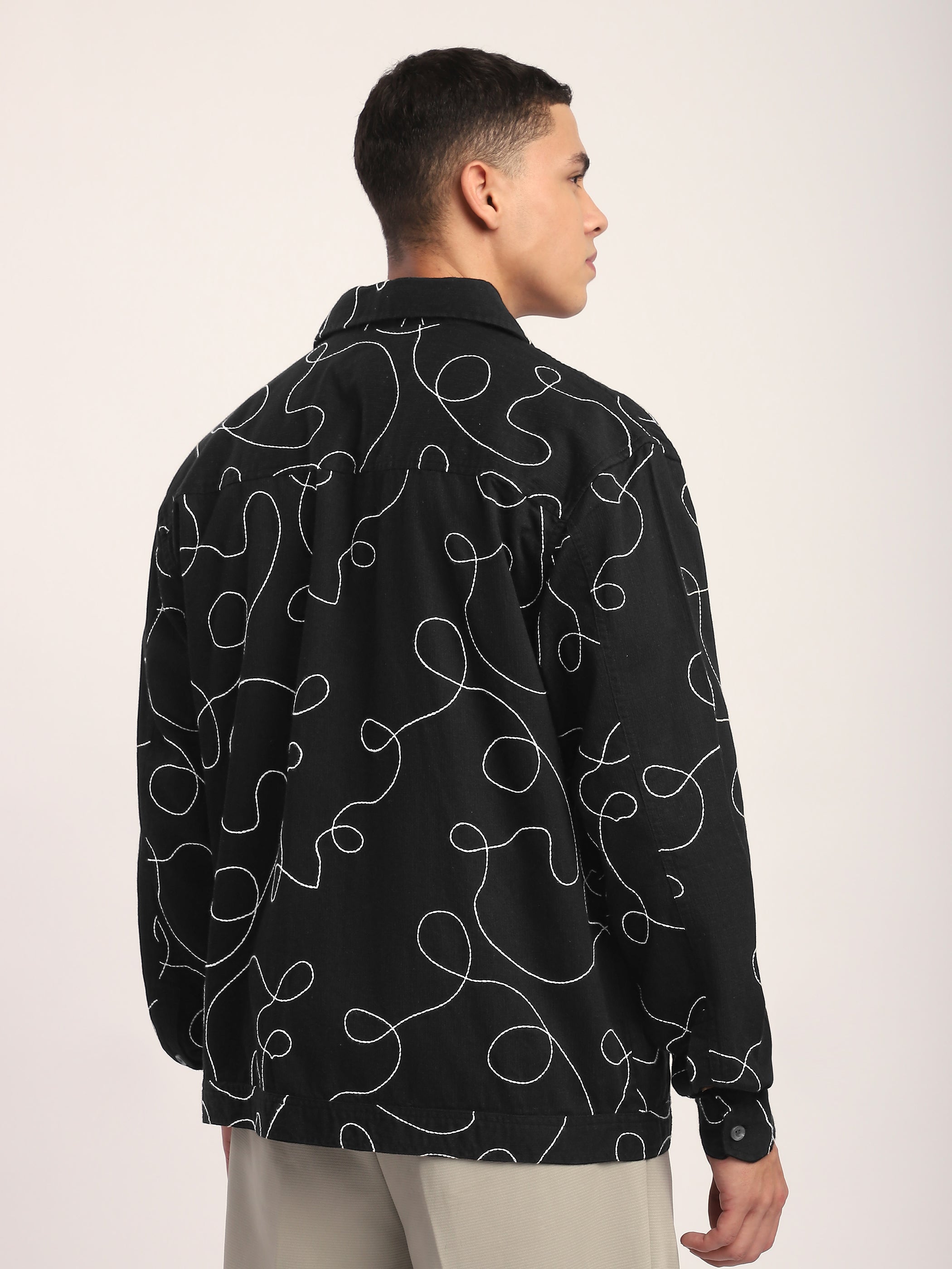 Abstract Embroidered Shacket - Black