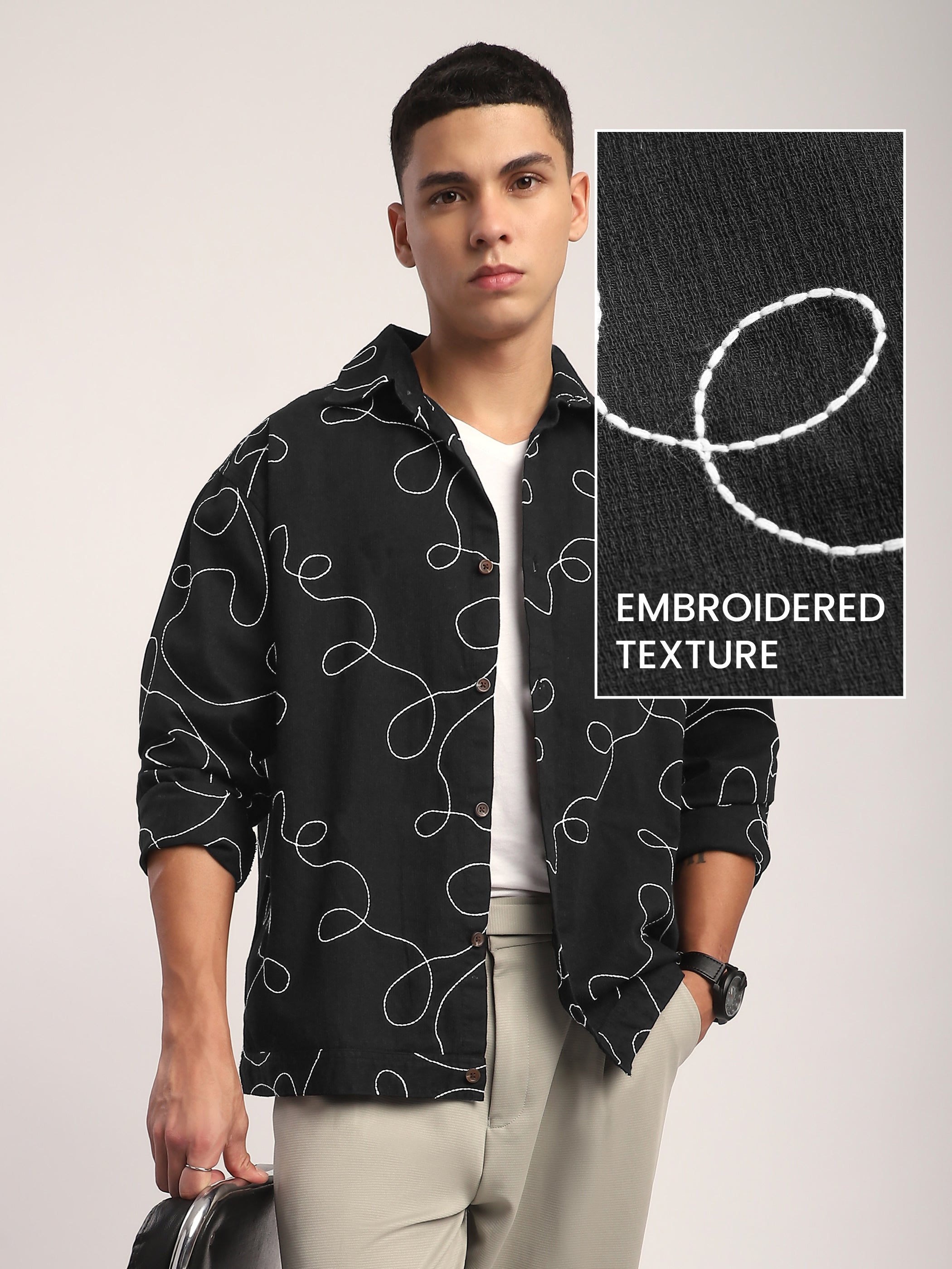 Abstract Embroidered Shacket - Black