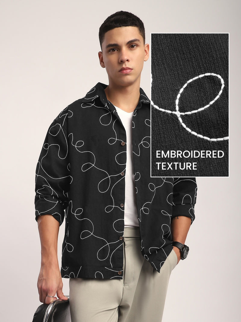 Abstract Embroidered Shacket - Black