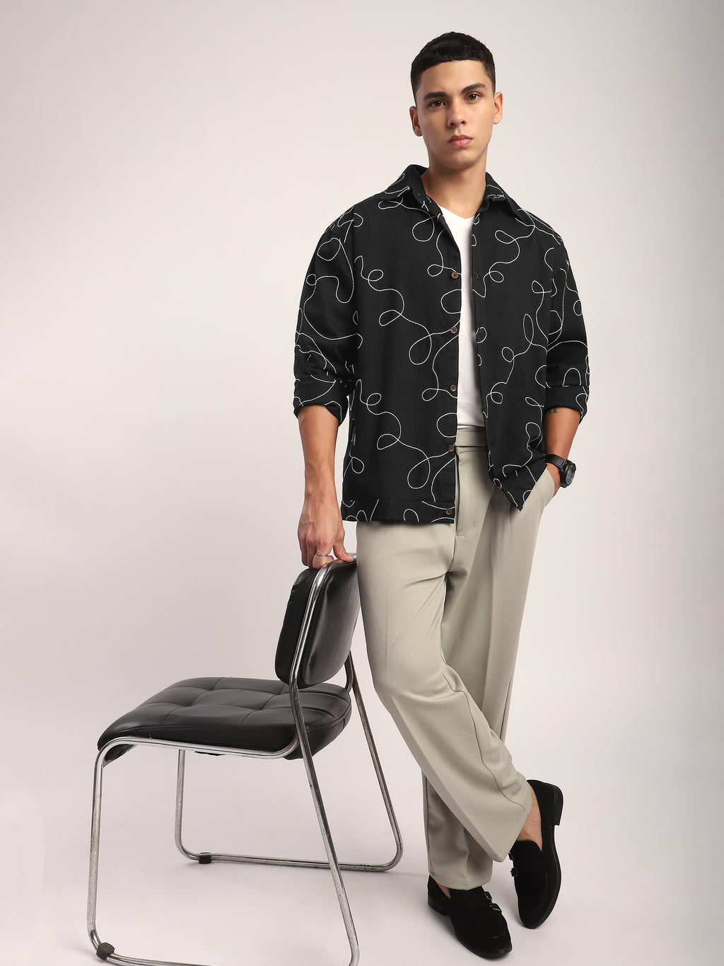 Abstract Embroidered Shacket - Black