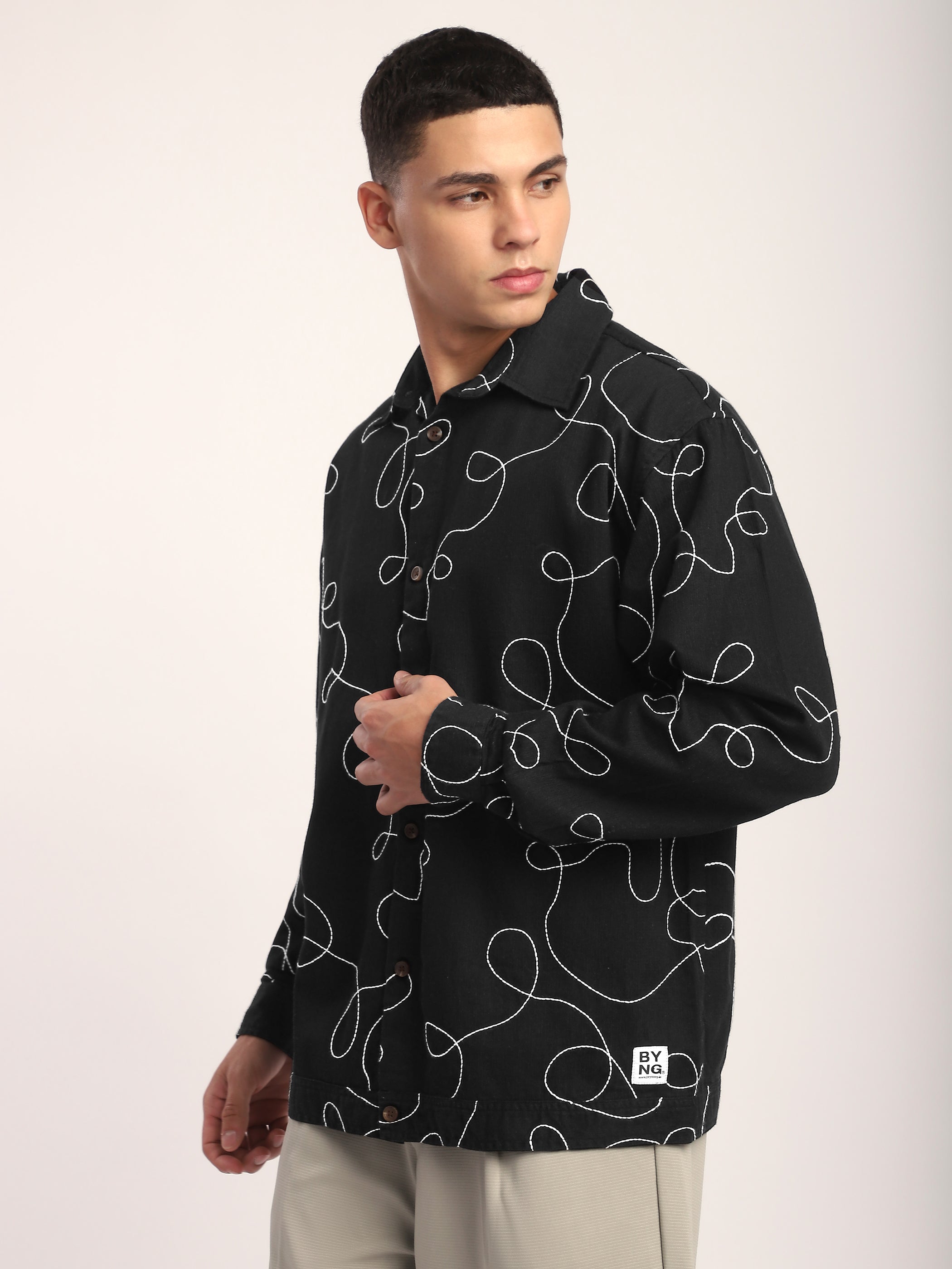 Abstract Embroidered Shacket - Black