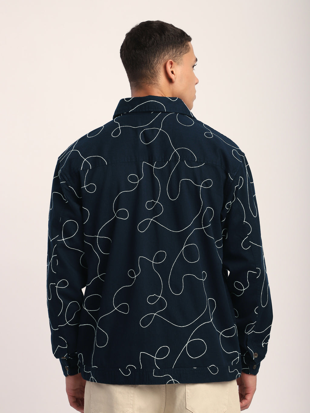 Abstract Embroidered Shacket - Navy Blue