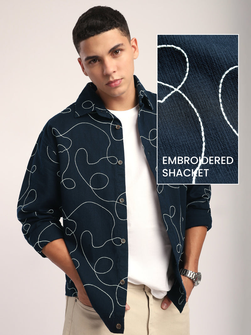 Abstract Embroidered Shacket - Navy Blue