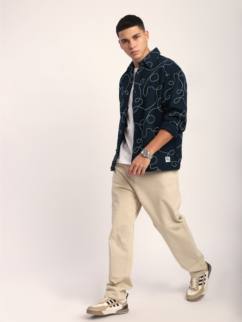 Abstract Embroidered Shacket - Navy Blue