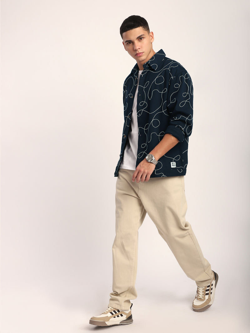 Abstract Embroidered Shacket - Navy Blue