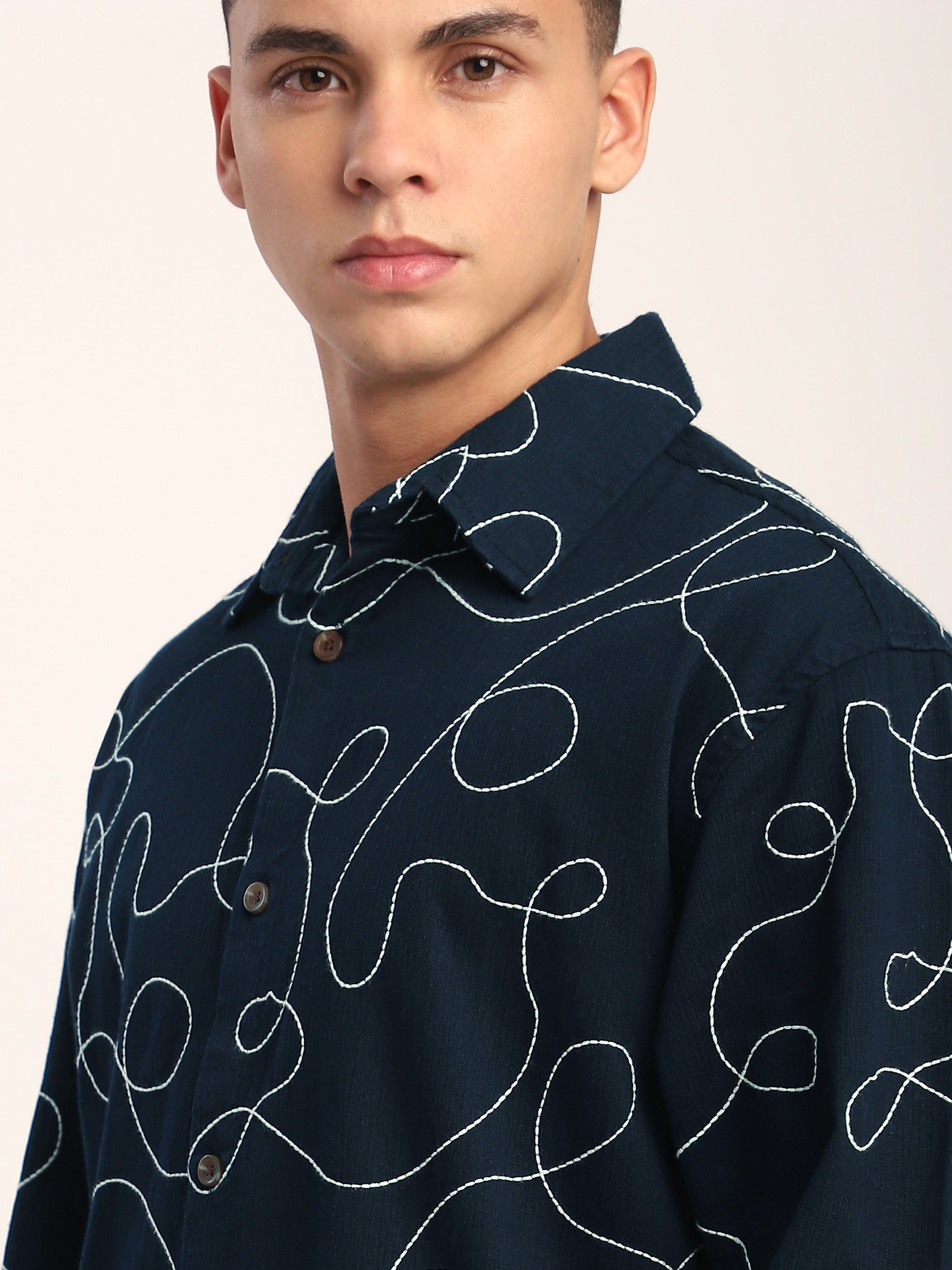 Abstract Embroidered Shacket - Navy Blue