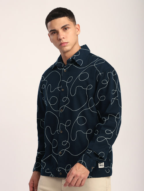 Abstract Embroidered Shacket - Navy Blue